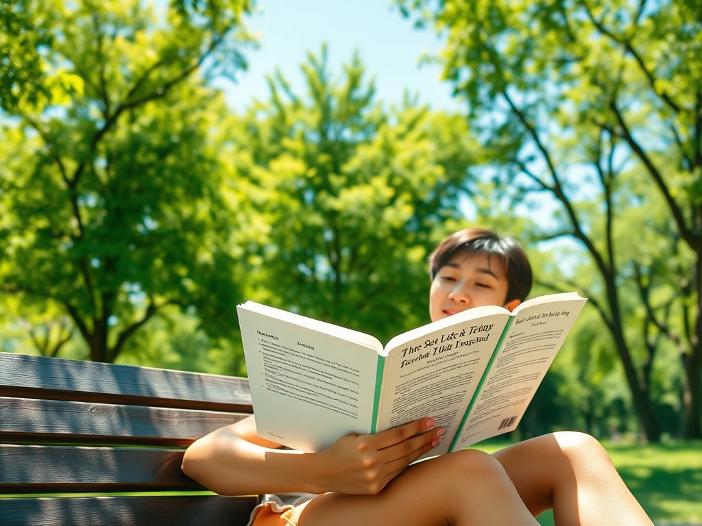Девушка читает книгу на скамейке в парке, окружённая зеленью и солнечным светом.